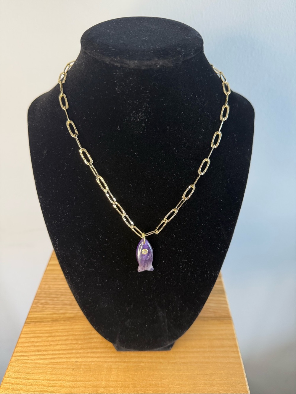 Gold Link Necklace with Purple Gem Charm